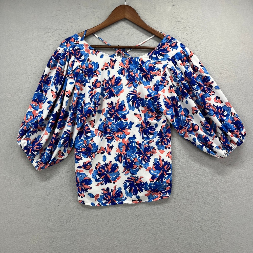 THML Blouse Womens XS White Blue Pink Floral Lantern Sleeve V-Neck Strappy Top